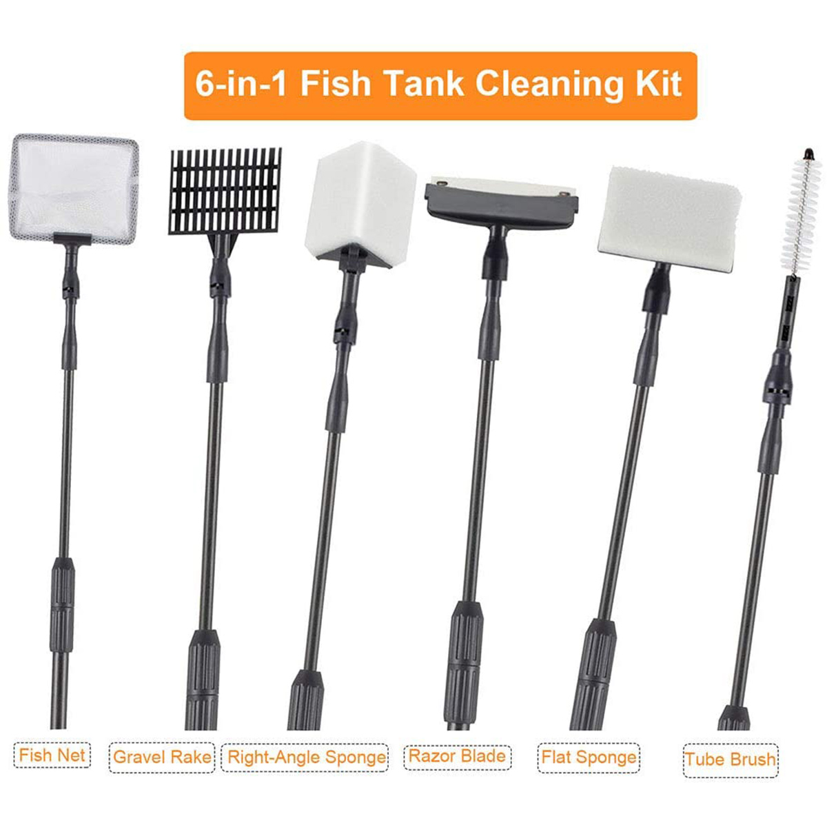  Carefree Fish 6IN1 Carbon Fiber Aquarium Cleaning Tools Long  Handle Adjustable Length 20~36Inches Fish Tank Cleaner Kit Alage Scraper  Scrubber Brushes Set : Pet Supplies